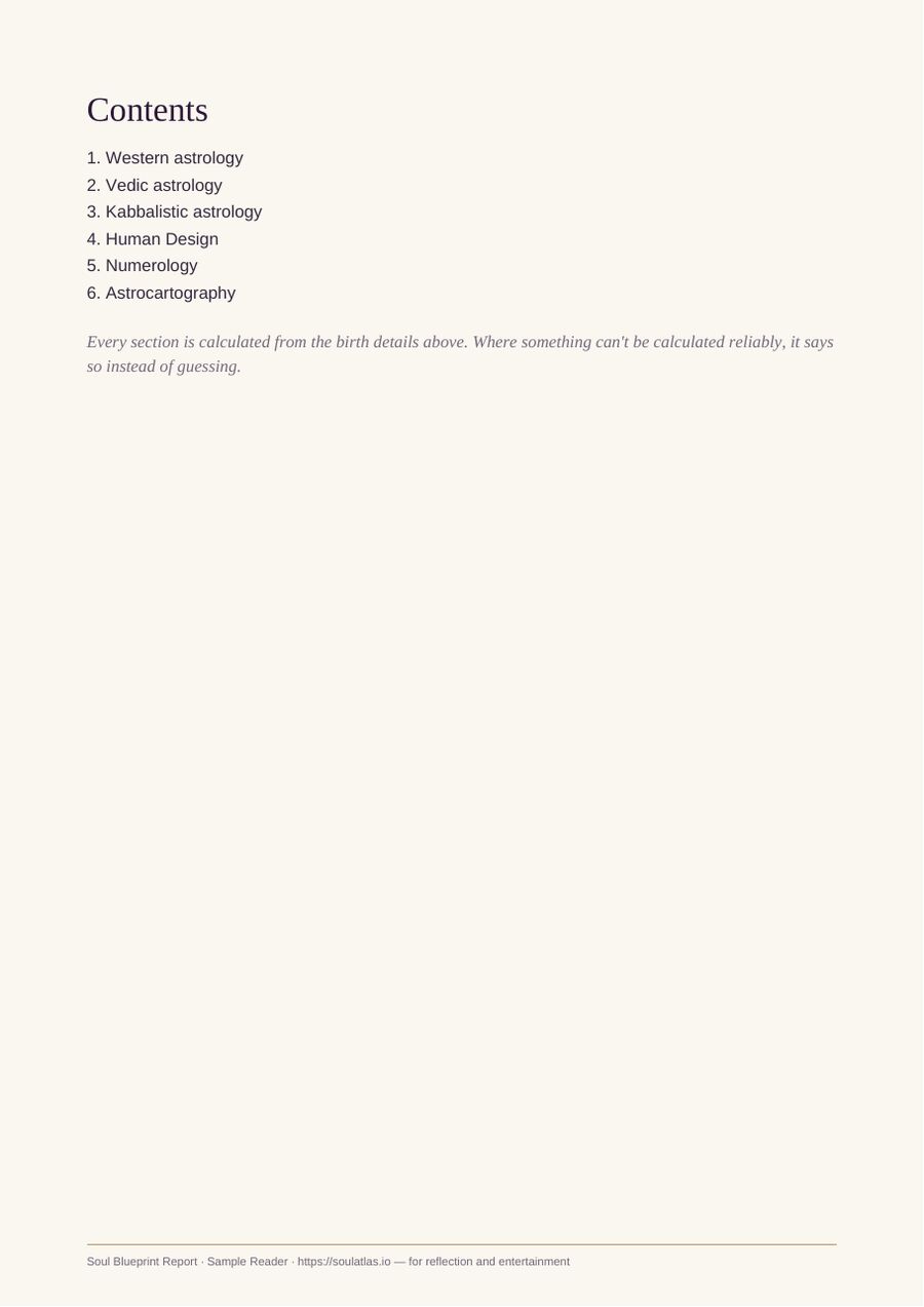 Soul Blueprint Report sample page: Contents: all six systems