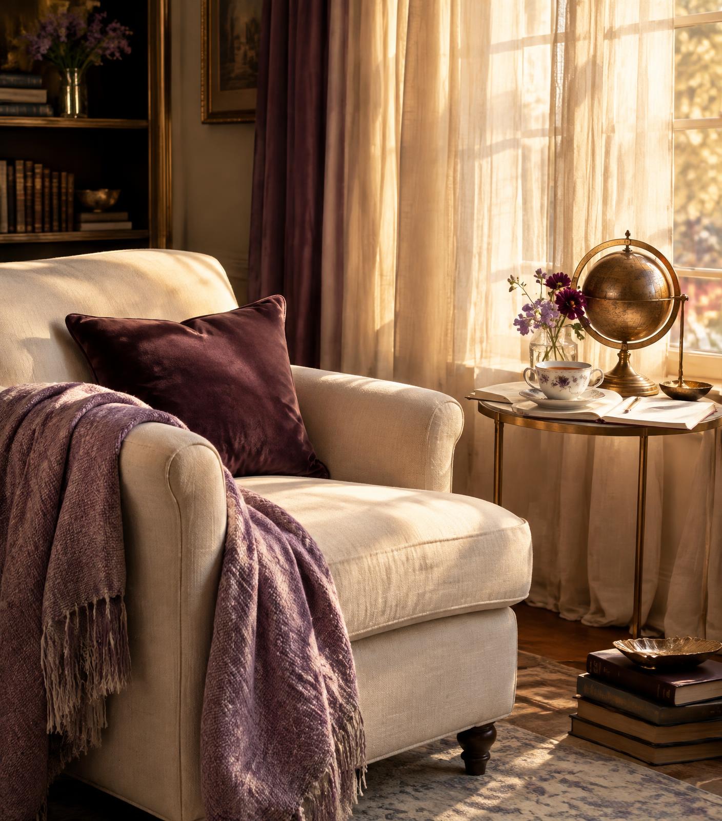 A sunlit reading nook with an ivory armchair, plum cushion, tea and a brass celestial globe