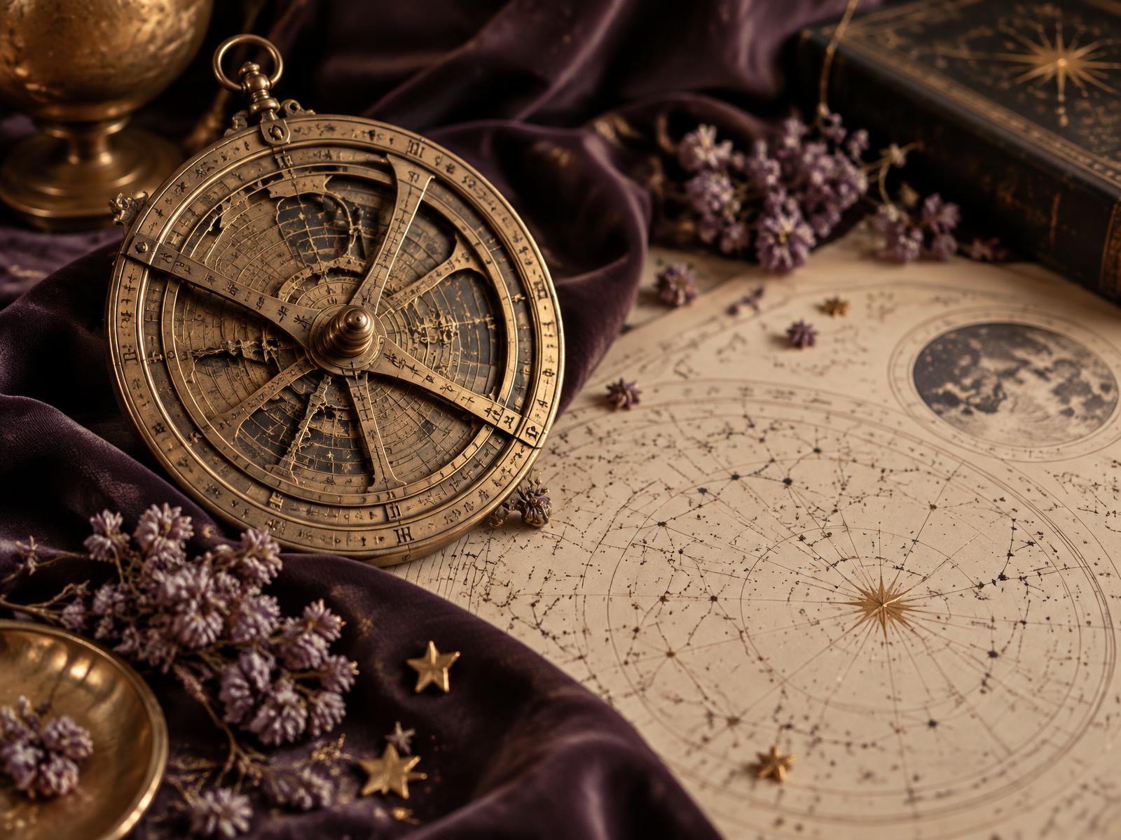 Brass astrolabe and a celestial map resting on plum velvet with dried lilac flowers