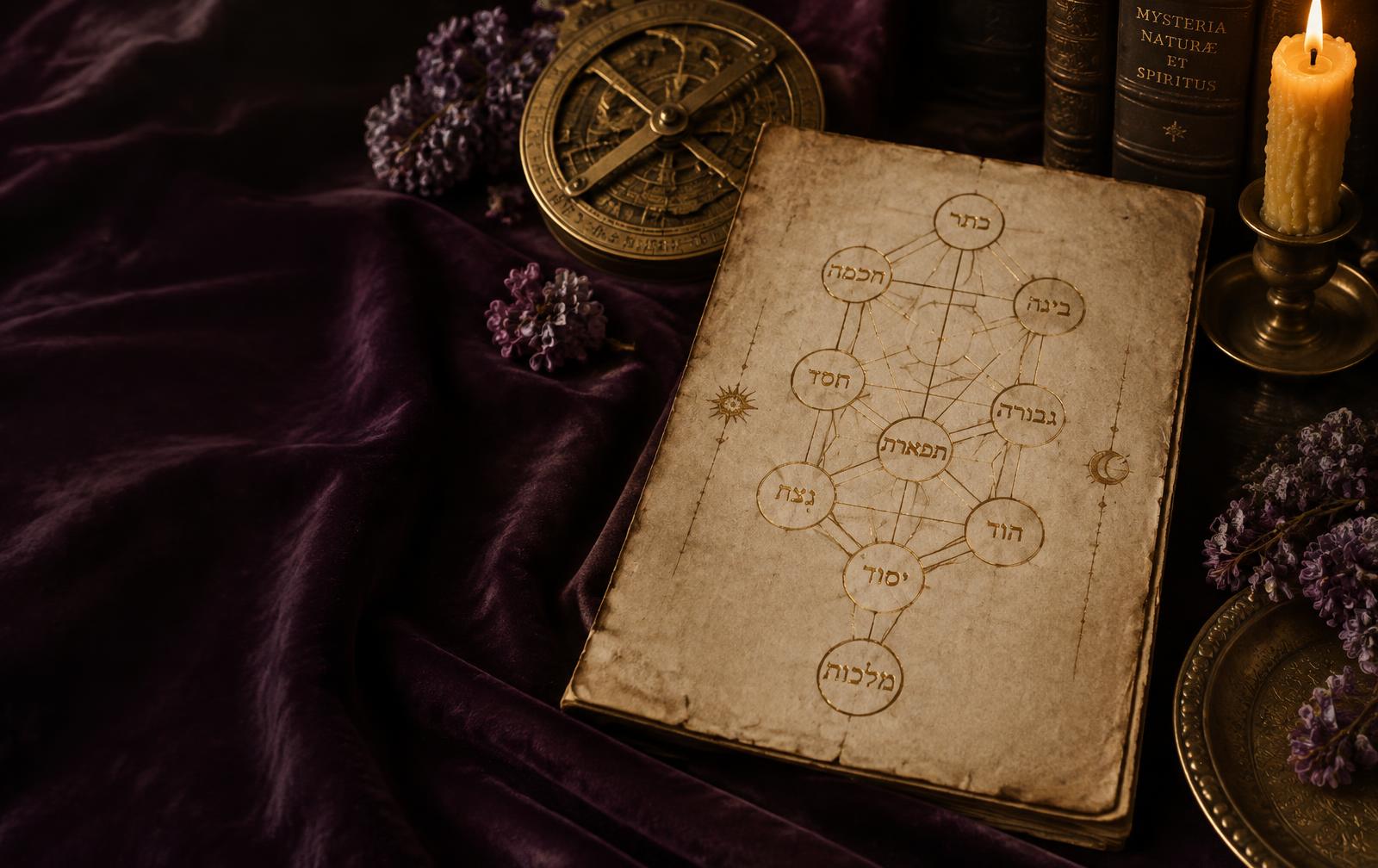 An antique parchment with a gold Tree of Life diagram on plum velvet, beside a brass astrolabe and a lit candle