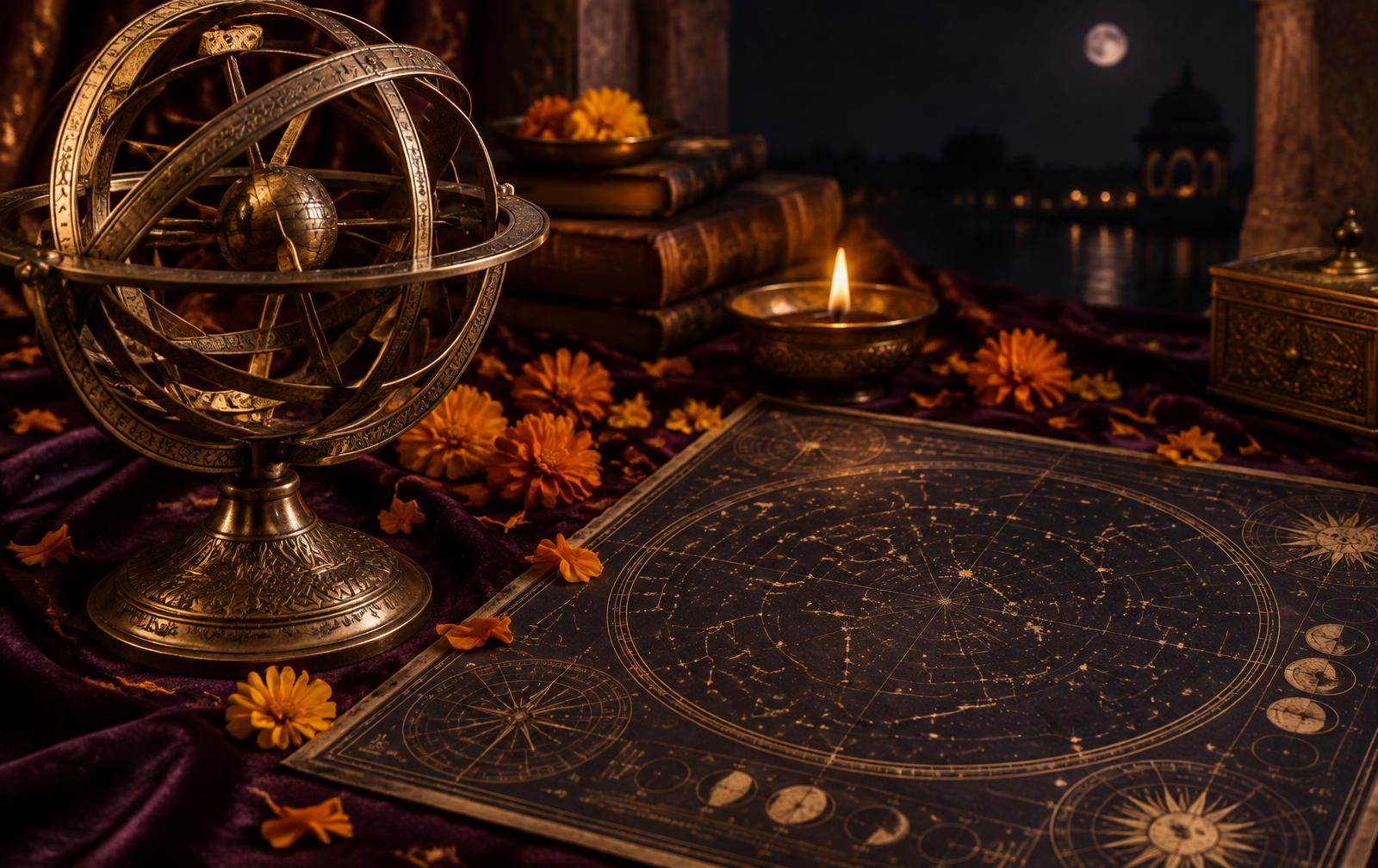 A brass armillary sphere beside a celestial chart on plum velvet, with marigold petals and a small oil lamp